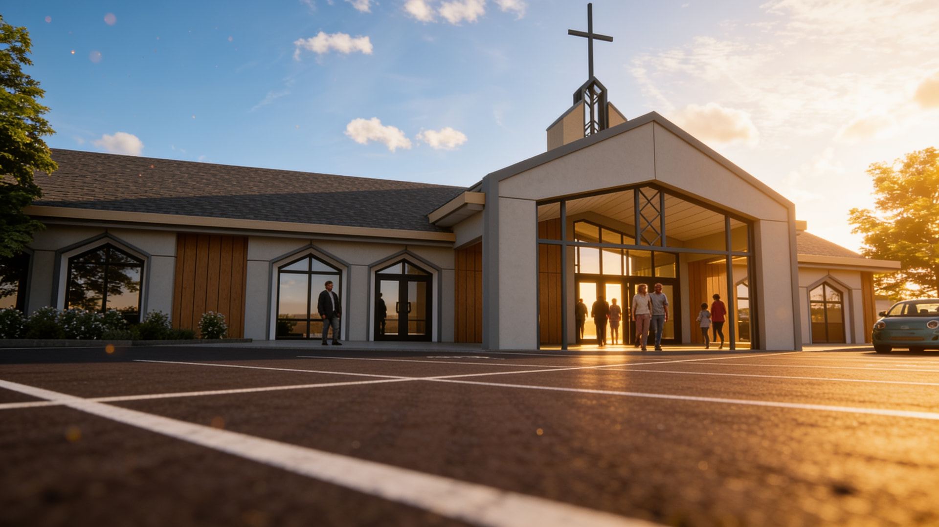 The proposed Cornerstone church entrance glowing at golden hour as families arrive