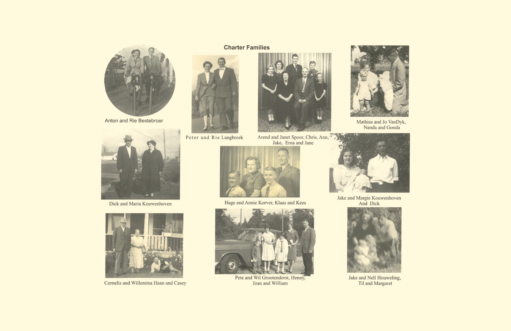 A board of Charter Family photographs, each labelled with the names of the families who founded the church