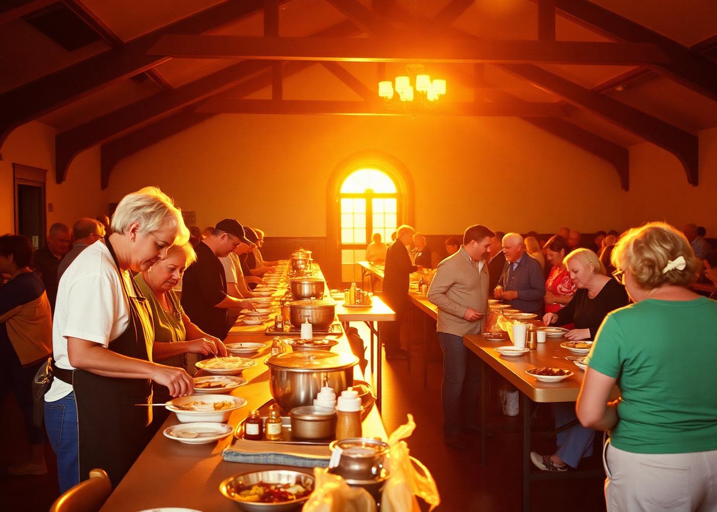 Volunteers serving a community dinner