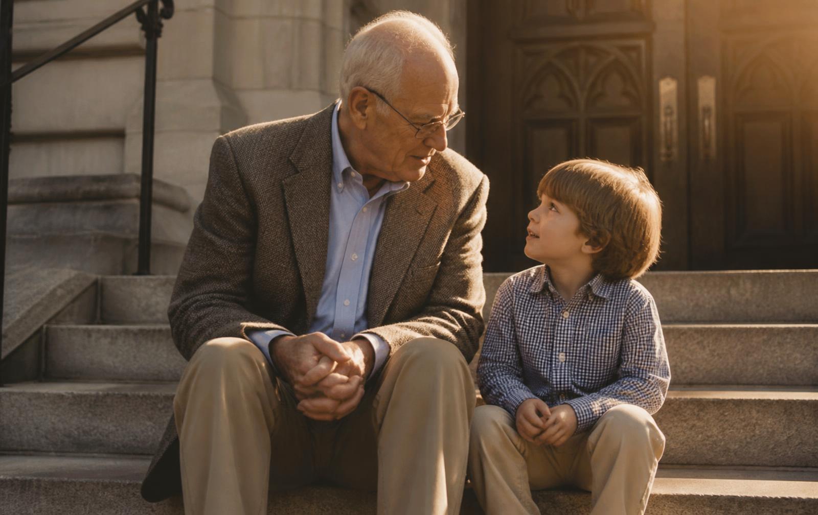 A senior and a child talking on church steps