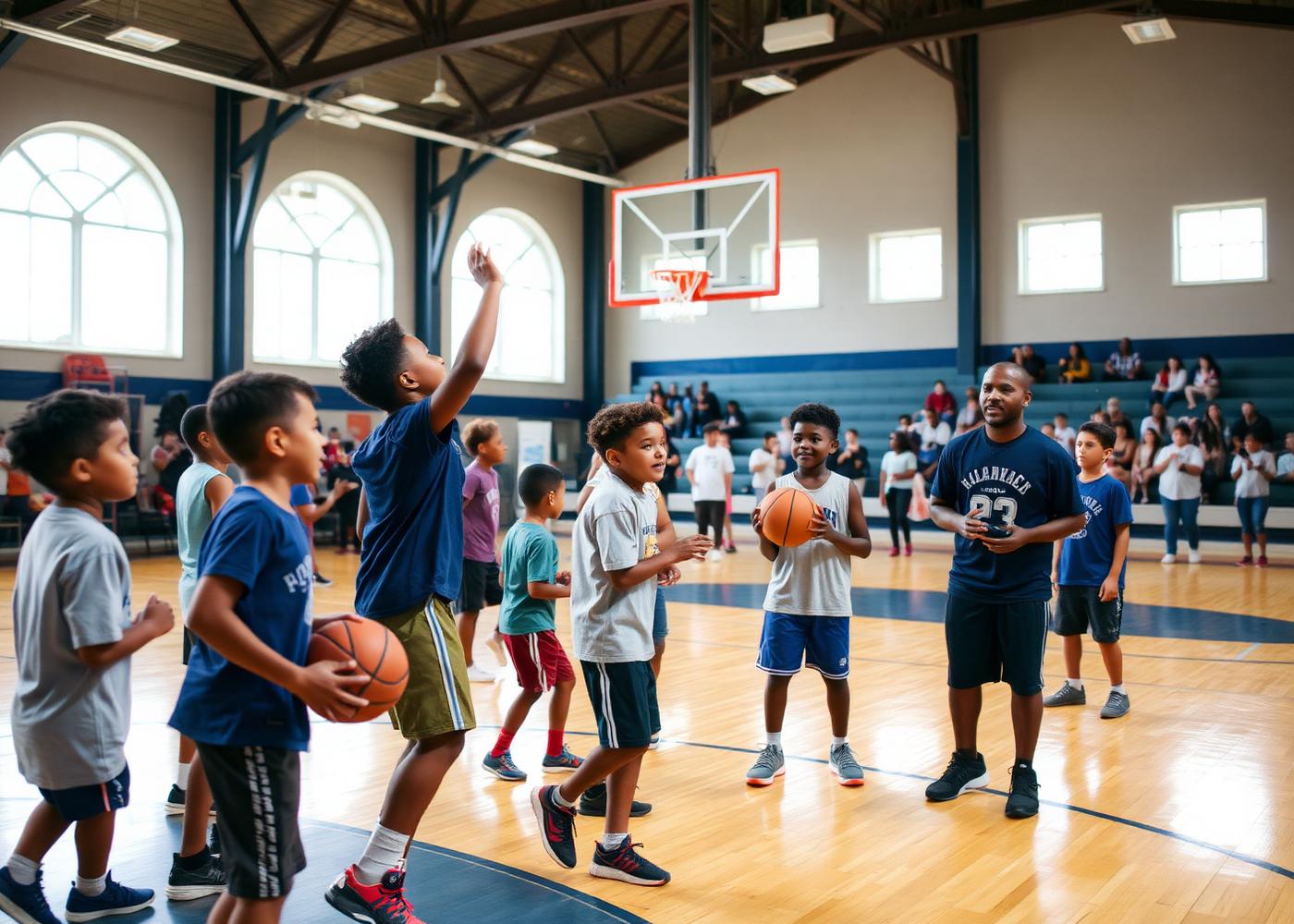 Youth playing basketball in a church gymnasium