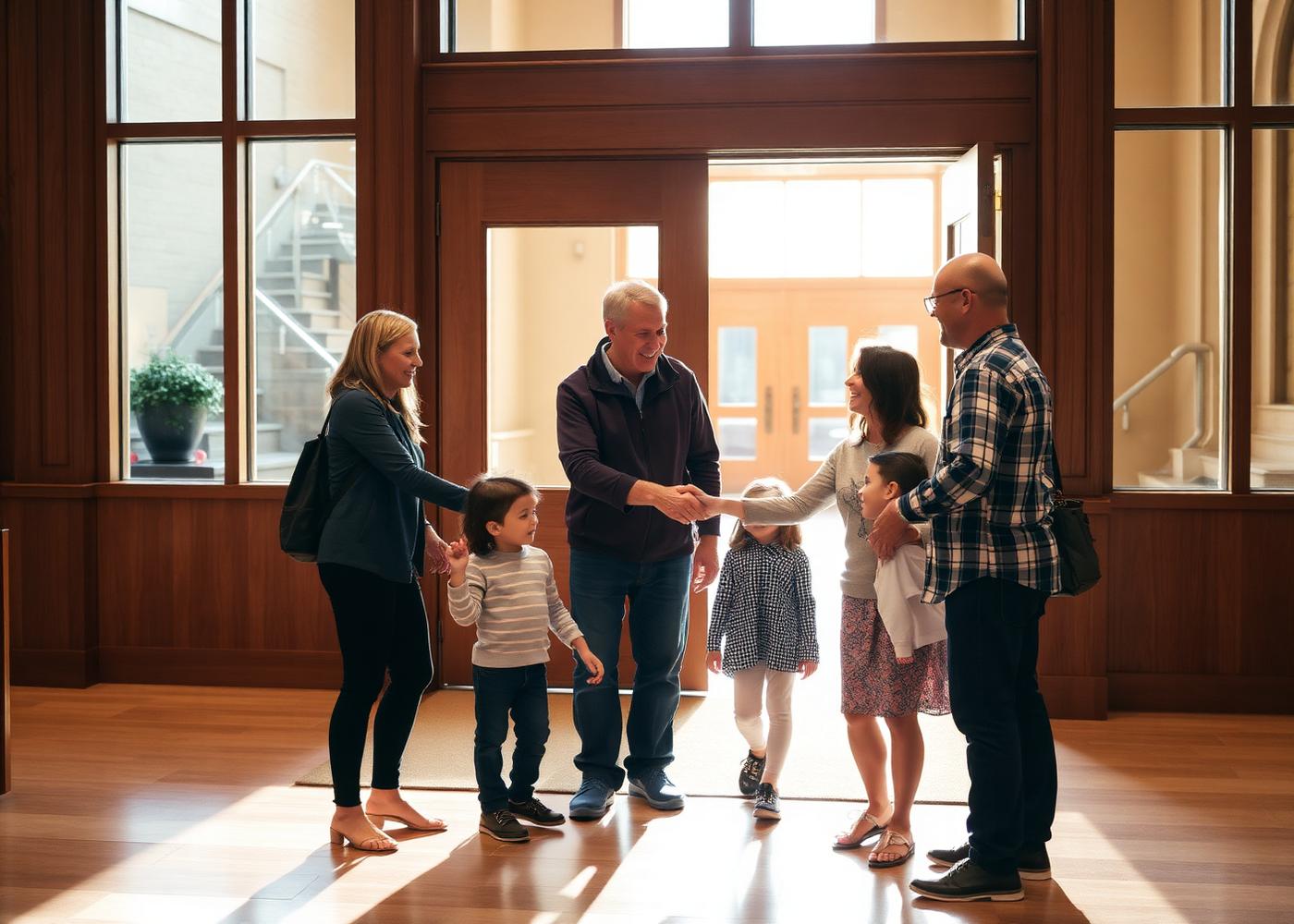 A greeter welcoming a family at the church entrance